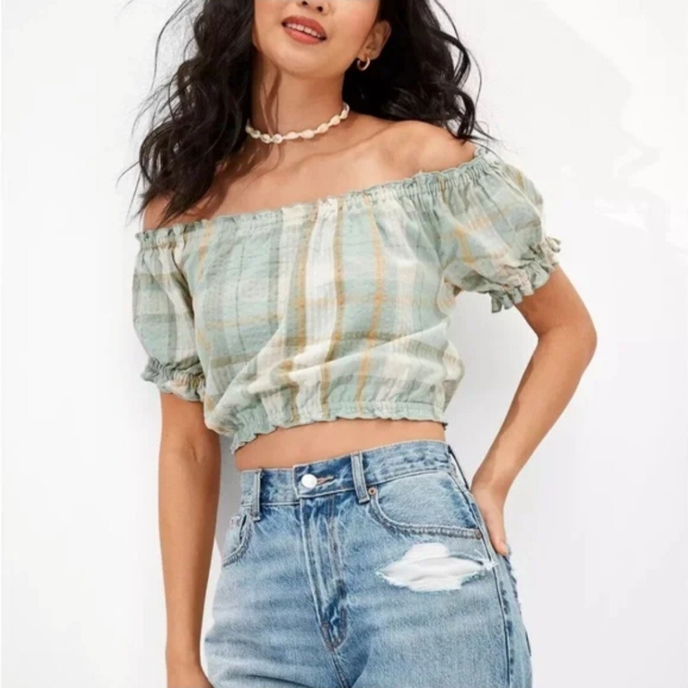 ☆ AEO Plaid Off-Shoulder Top